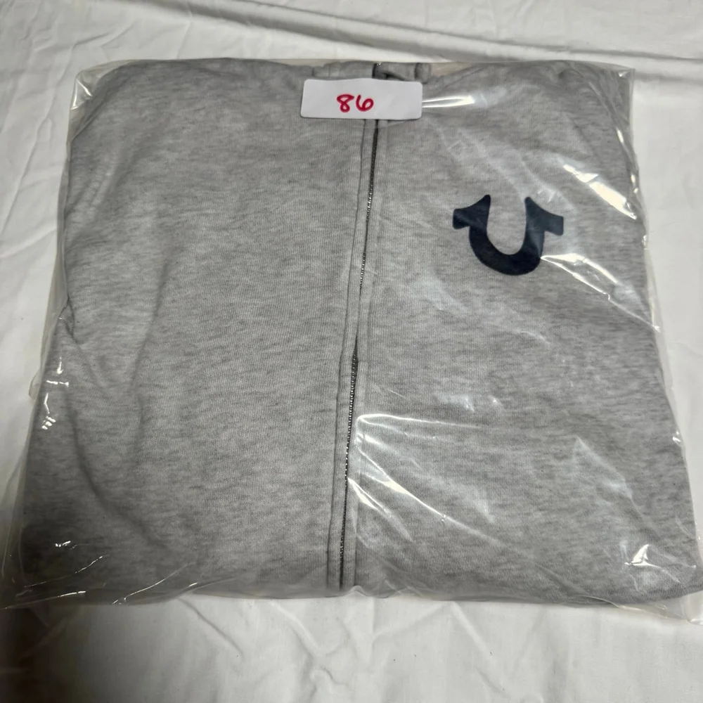 Men's True Religion Gray Full-Zip Hoodie L with Navy Blue Logo #86